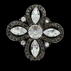 Cross Shape Clover Brooch Pin Clear Rivoli Navette Rhinestones Gun Metal Color